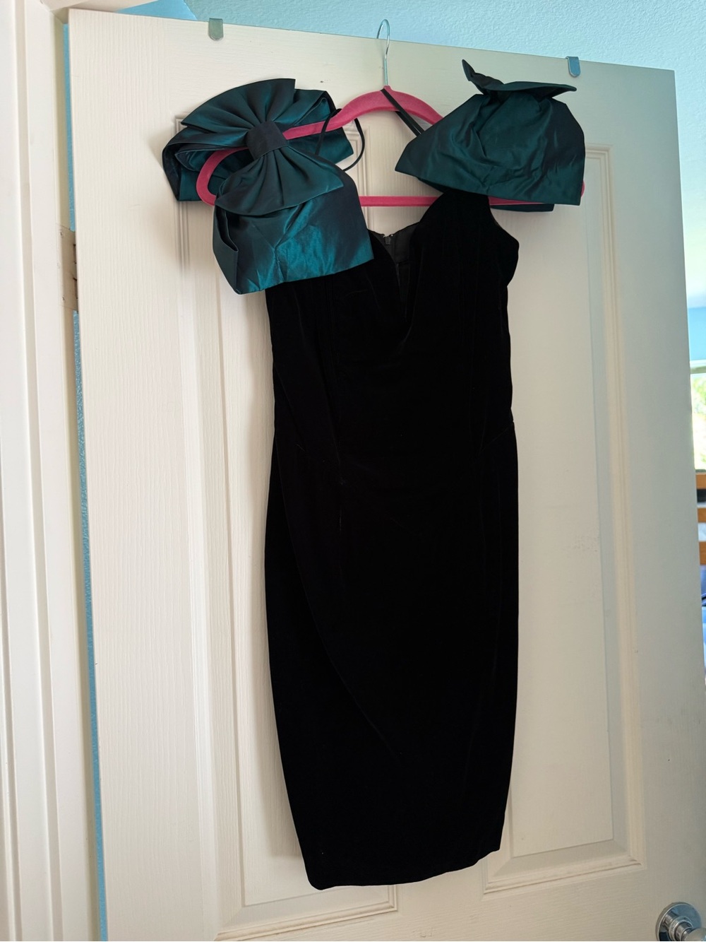 Black Velvet Sheath Dress with Teal Satin Bow Shoulders